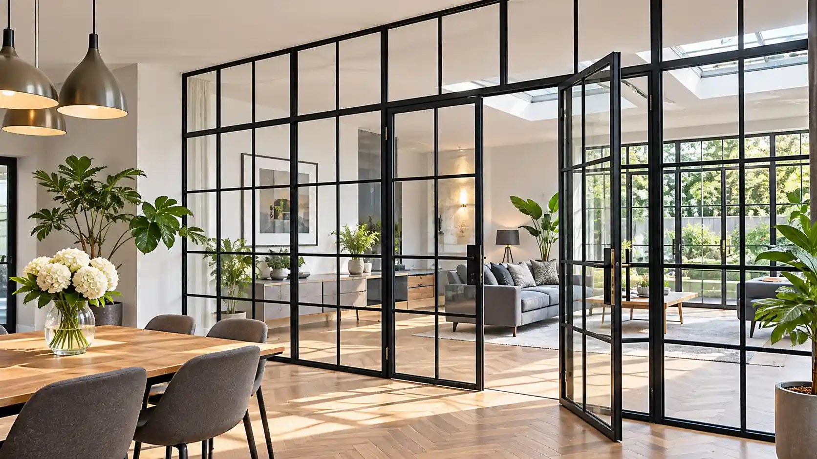 Black-framed Crittall-style glass doors and partitions in a modern interior